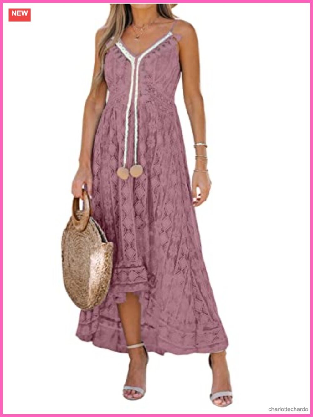 Lace Maxi Dress with Tassel Pom Poms V-Neck Spaghetti Straps